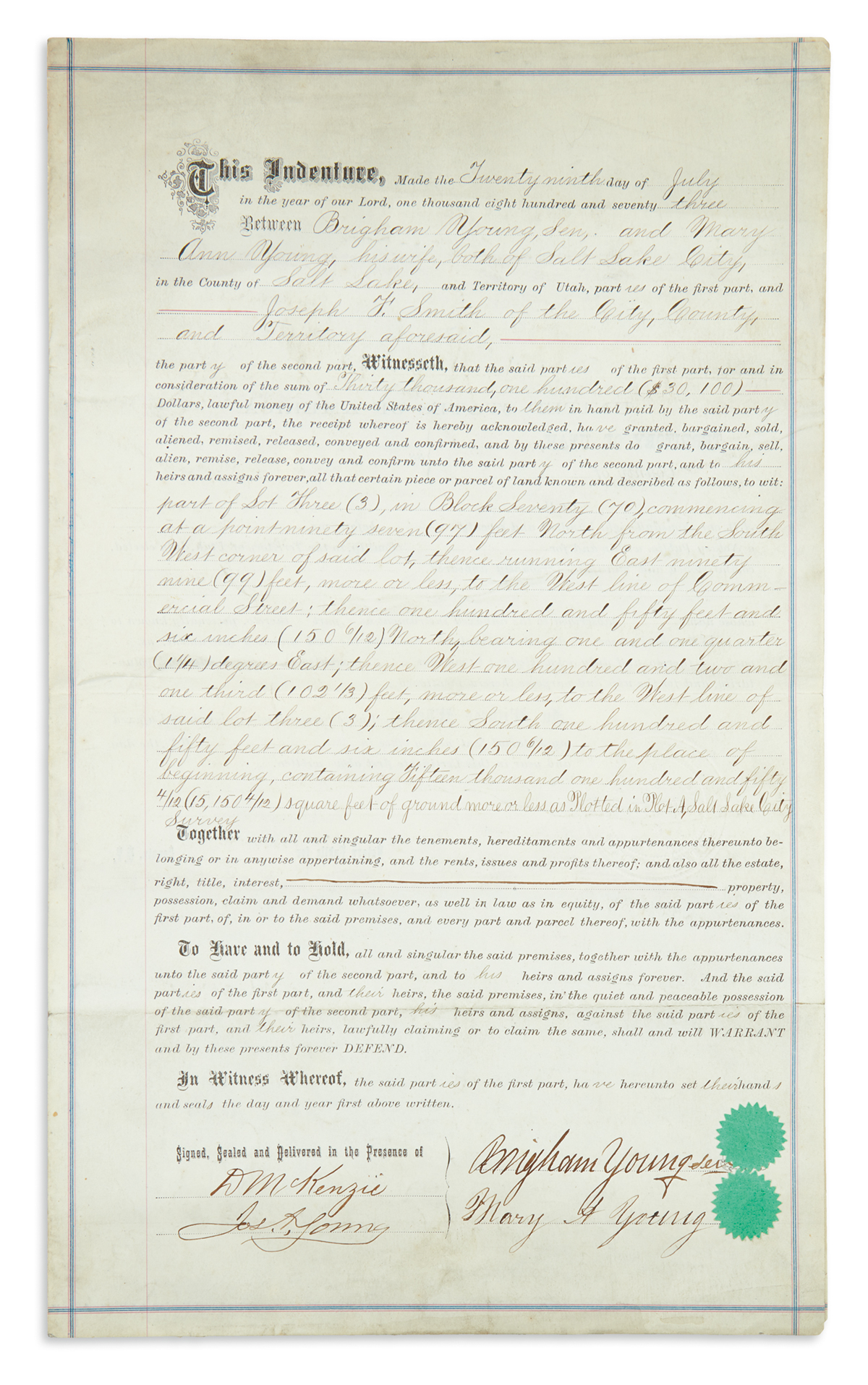 YOUNG, BRIGHAM. Partly-printed Document Signed, deed of sale transferring to his nephew Joseph F. Smith a lot of 15,150 square feet in